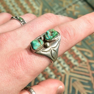 Signed Native American 2-Stone Turquoise Ring, Navajo Hammered Designs, Size 10 3/4 US 
