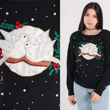 Christmas Dove Sweater Y2K Beaded Black Peace Sweater Pullover Sweater Xmas Holiday Ramie Cotton Slouchy Sweater Retro Vintage 00s Large L 
