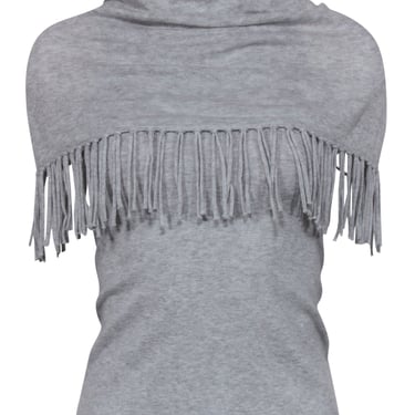 Minnie Rose - Light Grey Cowl Neck Knit Shirt w/ Fringe Trim Sz XS