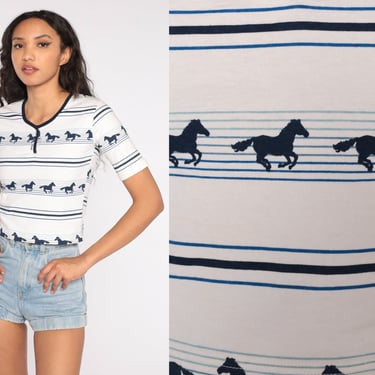 Horse T Shirt 90s Cropped Tee Animal TShirt Striped Crop Top Wild Horse Graphic White Black Blue 1990s Vintage Short Sleeve Henley Small S 