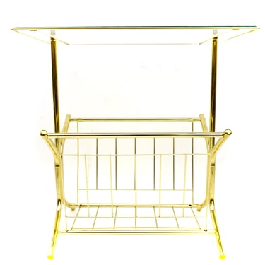 Mid-Century Modernist Brass & Glass Magazine Rack Side Table | Gold Tubular Metal PostModern Record Stand | N.O.S!! | Excellent Condition 