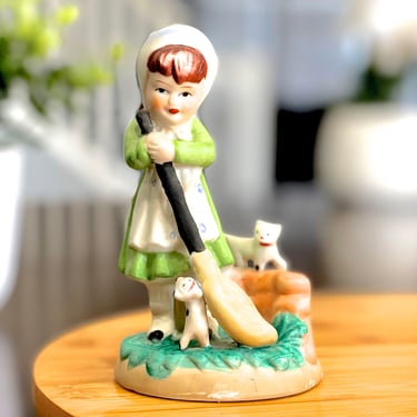 VINTAGE: Hand Painted Bisque Porcelain Figurine - Girl with Cats - Girl Sweeping - Love Cats - SKU 34-D-00035357 