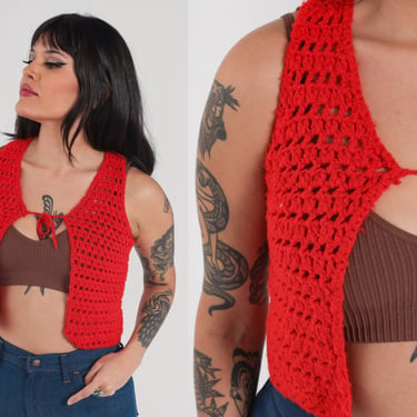 Red Crochet Vest 70s Tie Front Knit Tank Top Cropped Sweater Vest Retro Crop Top Sleeveless Hippie Festival Vintage 1970s Extra Small xs 