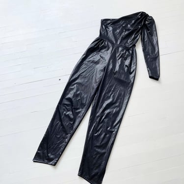 1980s Black Wet-Look One Shoulder Jumpsuit 