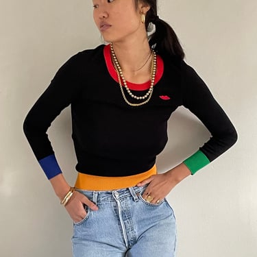 80s Sonia Rykiel sweater / vintage black lightweight French cotton crewneck lips sweater with contrast primary color trim France | Small 