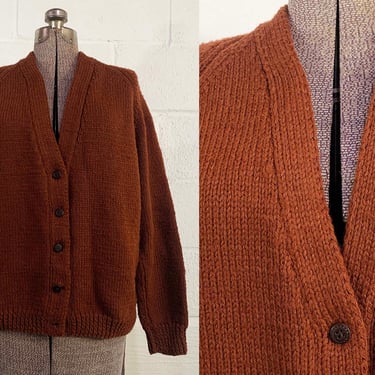 Vintage Brown Cardigan Sweater 70s 1970s Long Sleeve V Neck Button Front Grandpa Jumper Knit Twin Peaks Oversized Boho XL Large 