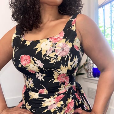 90s Floral Wrap Dress | Vintage Wrap Tank Dress | Rayon Wrap Dress | Black and Pink Purple Floral Dress | Side Wrap Dress | Size 10 Large 