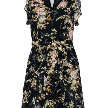Paige - Black &amp; Yellow Floral Print Ruffled Belted Fit &amp; Flare Dress Sz XS