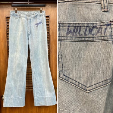 Vintage 1970’s w30 Wild Cat “Faded Blues” Disco Mod Denim Flare Bellbottom Jeans Pants, 70’s Vintage Clothing 