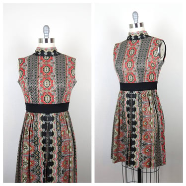 Vintage 1970s paisley mini dress sleeveless pleated skirt mock neck border print 