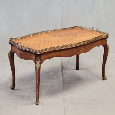 Vintage French Mahogany Marquetry Coffee Cocktail Table With Brass Ormolu