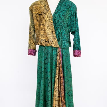 1980s Silk Dress Blousy Norma Walters Full Skirt Peasant M/S 