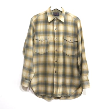 vintage 1950s yellow & grey PENDLETON button down wool mid-century shirt -- size large -- slightly distressed flannel 