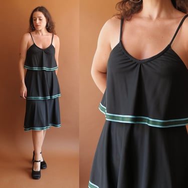 Vintage 70s Tiered Ribbon Dress/ 1970s Black Sleeveless Dress/ Size XS Small 