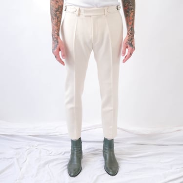 JOSHUA KANE Bespoke Ivory Wool Tuxedo Stove Pipe Slacks w/ Adjustable Waist | Made in Britain | 100% Wool | English Bespoke Tailored Pants 