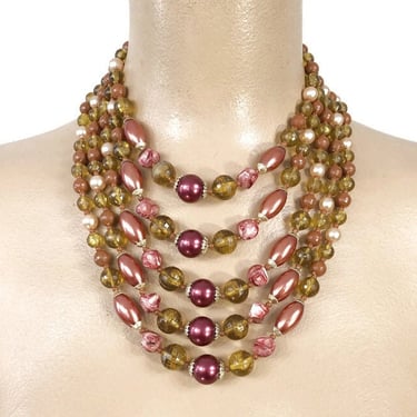 VINTAGE 50s Burgundy and Gold 5 Strand Beaded Necklace Choker HONG KONG | 1950s Mid Century Bib Necklace | Vfg 