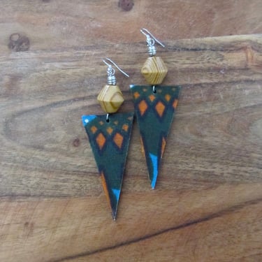 African print earrings, Ankara earrings, bold statement earrings, Afrocentric earrings, triangle batik earrings, blue 