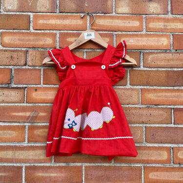 vintage 70s kids red caterpillar pinafore apron dress / 24m 