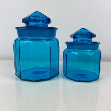 Vintage L.E. Smith 10 Panel Blue Glass Canister Set of 2, Vintage Blue Canister Jar Set, Ground Glass faceted lids, Kitchen Storage 