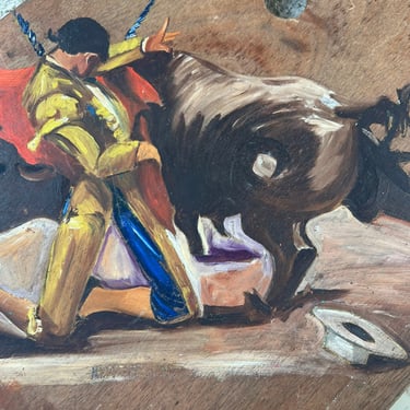 Vintage funky Matador bull fight theme art painting on painters wood board unsigned size 14” x 11.5” 