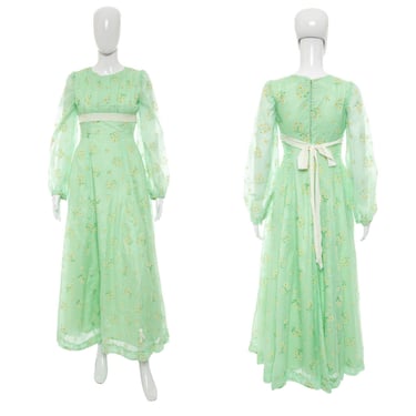 1970's Mint and Daisy Print Hippie Maxi Dress Size S