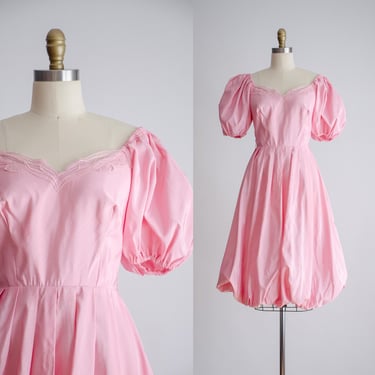 pink prom dress 80s vintage embroidered puff sleeve off shoulder bubble hem dress 