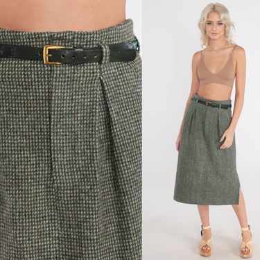 60s Wool Skirt Checkered Midi Skirt Green White Mod Preppy Pencil High Waisted Belted Pleated Retro Secretary Chic Vintage 1960s Small S 