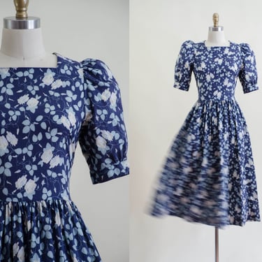 Laura Ashley dress | 80s vintage navy blue romantic floral cotton puff sleeve cottagecore maiden fit and flare midi dress 