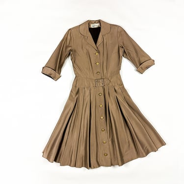 1950s McKettrick Brown Iridescent Fit and Flare Dress / Shirtwaist / Shirtdress / Shark Skin / Built in Belt / 28 Waist / New Look / M / 