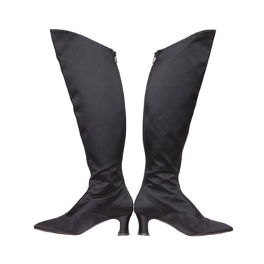 Yves Saint Laurent 1980s Vintage Black Silk Satin Knee-High Spool Heel Boots Sz 6.5 