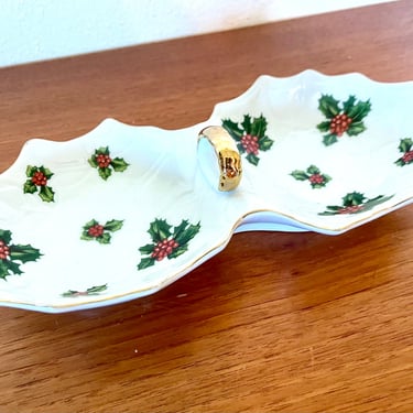 Vintage 1950s Lefton Divided Holly and Berry Candy Dish Tray 