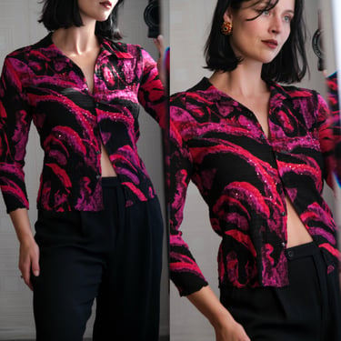 Vintage 90s ALBERTO MAKALI Black & Hot Pink Abstract Print Crinkle Stretched Button Up Blouse w/ Sequin Accent | 1990s Designer Top 