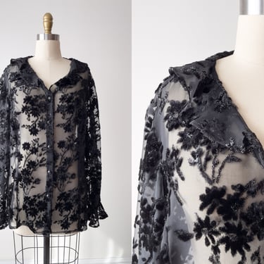 black velvet shirt | 90s y2k vintage sheer chiffon velvet floral ruffled collar whimsigoth long sleeve blouse 
