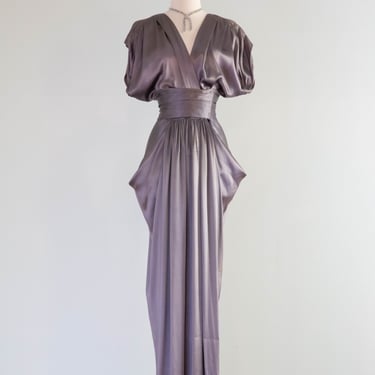 Statuesque Late 1940's Gravestone Grey Satin Evening Gown / Medium