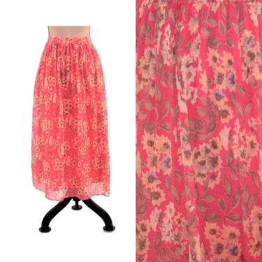 XS-S 90s Pink Floral Maxi Skirt XS Small, Long Silk Chiffon Skirt with Elastic Waist, 1990s Clothes for Women, Vintage Clothing from GAP 