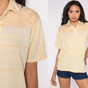 Yellow Polo Shirt 80s Striped Shirt Half Button Up Shirt Retro Collared 1980s Nerd Geek Vintage Short Sleeve Extra Large xl 