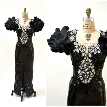 80s Vintage Black Prom Dress Sequin Dress Evening Gown 80s Small Medium// 80s Pageant Dress Black Sequins Fringe Drag Queen Alyce Designs 
