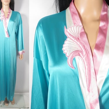 Vintage 80s Vanity Fair Teal And Pink Silky Loungewear Robe Made In USA Size M 