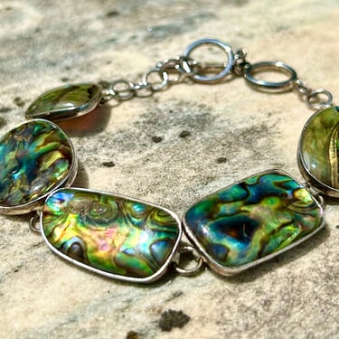 Sterling Silver Abalone Bracelet 925 Marked Inlaid Link Vintage Jewelry Retro Fashion 1990s 90s Beach Shell Mother of Pearl 