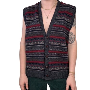 Vintage 1990s Wool Geometric V Neck Dark Academia Sweater Vest Preppy XL 