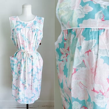Vintage 1980s Deadstock Floral House Dress / XL (Pink, Blue & Teal) 