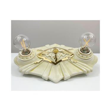 Refurbished Porcelier Dual Bulb Flush Mount Light Fixture -Ivory with Gilt Trim - Ready to Hang - 1930's 