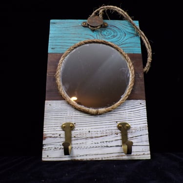 #Rustic Coastal Mirror with Hooks and Rope Accent