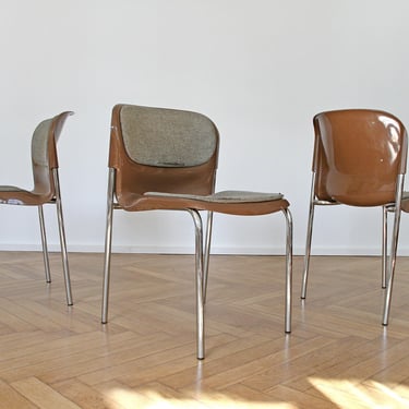 Set of 3 Vintage Brown Moulded Plastic Cushioned Drabert SM400K Gerd Lange Chairs Desk Chrome Kitchen Dining Cafe Table Space Age Atomic Era 