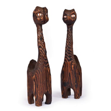 Pair of Witco Tiki Carved Cedar Wood Meathead Cat Sculpture Figures 