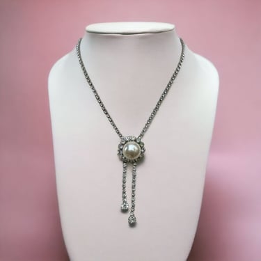 Vintage 60s Judy Lee Tennis Negligee Necklace Clear Rhinestone Pearl Earring Set 