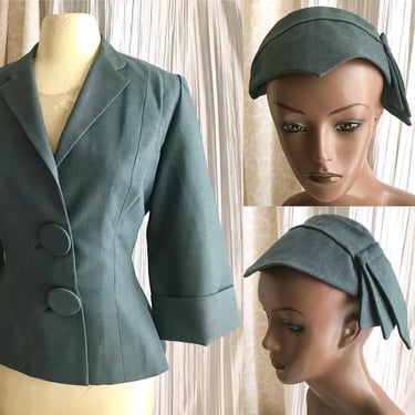 Vintage Blazer and Matching Hat, Oversize Buttons, Tapered Fit, Avant Garde Millinery, Swing Time, Post WWII 40s 50s 