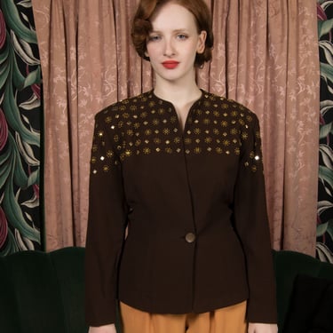 1940s Jacket - Exceptional Studded Fred Block Brown Wool Crepe Vintage 1940s Suit Jacket with Brass Studs and Mirrors 