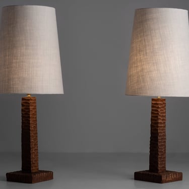 Pair of Gouged Wood Table Lamps