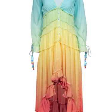 Rococo Sand - Rainbow Ombre Ruffled Tiered High-Low Maxi Dress Sz S